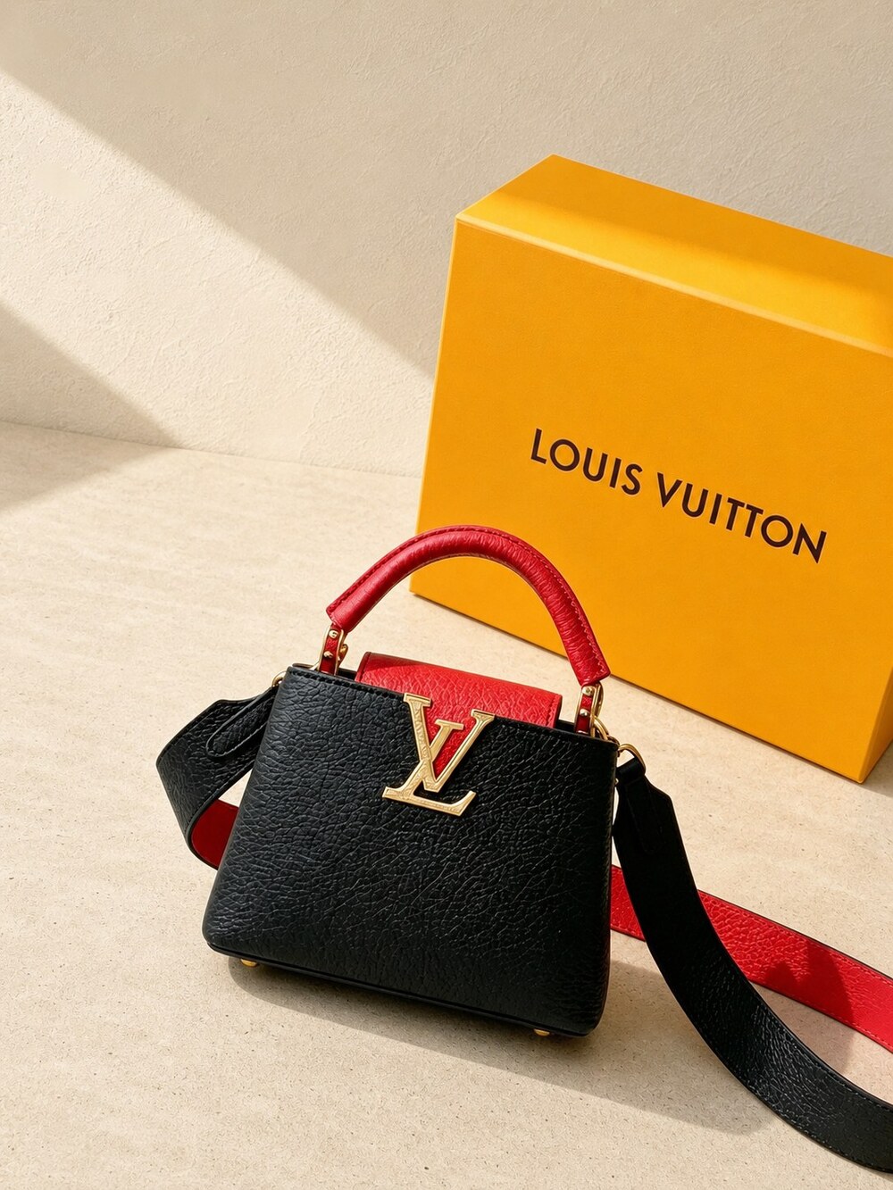 Louis Vuitton Black & Red Top Handle Handbag | Capucines Mini